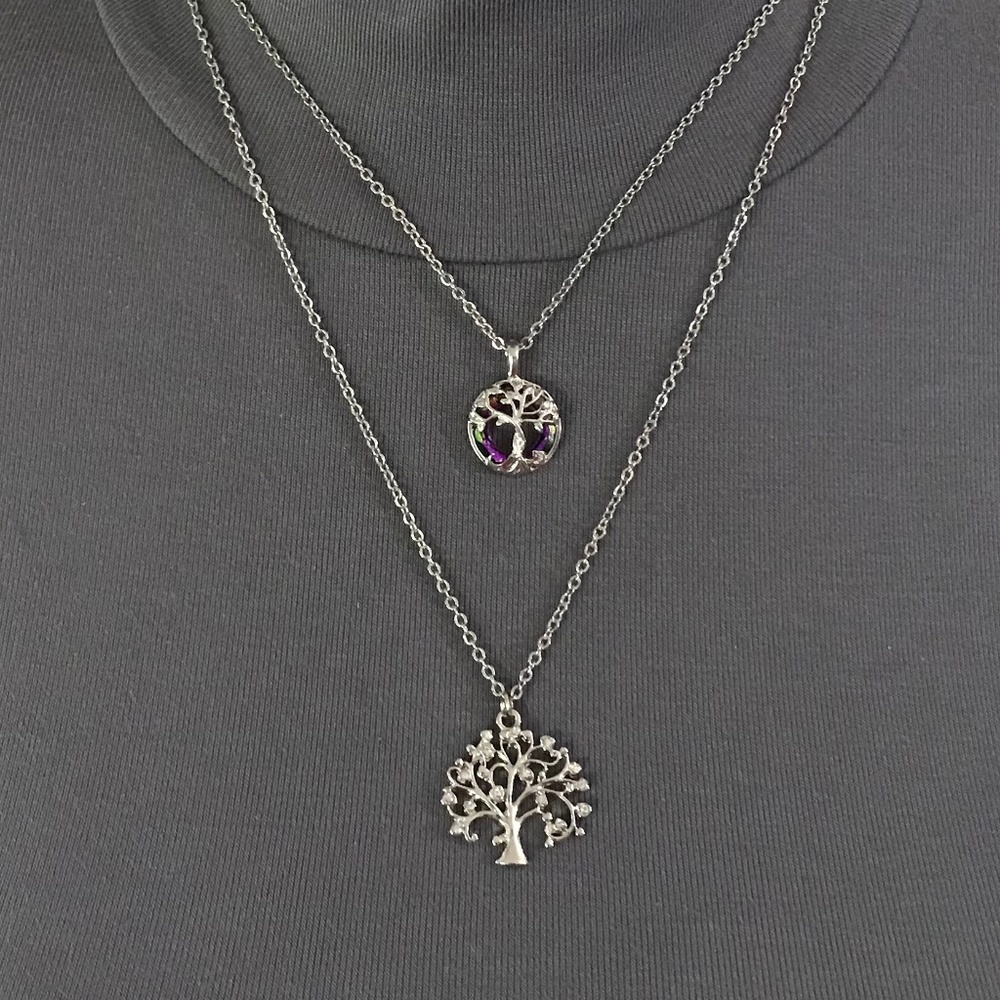 Celtic Tree of Life Handmade 2-Layer Necklace, Silver Rhinestone Trees of Life